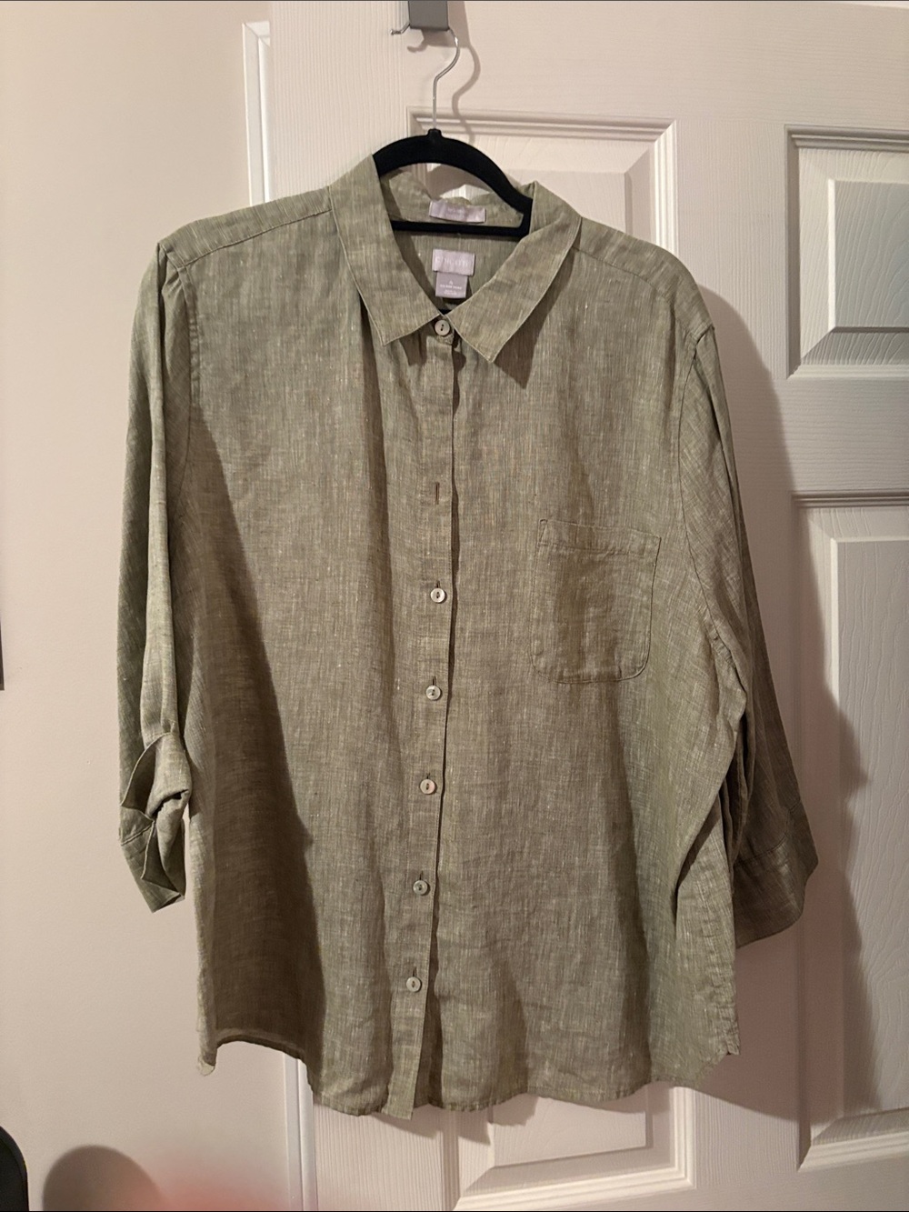 Chico's Olive Green Linen Button-Front Blouse